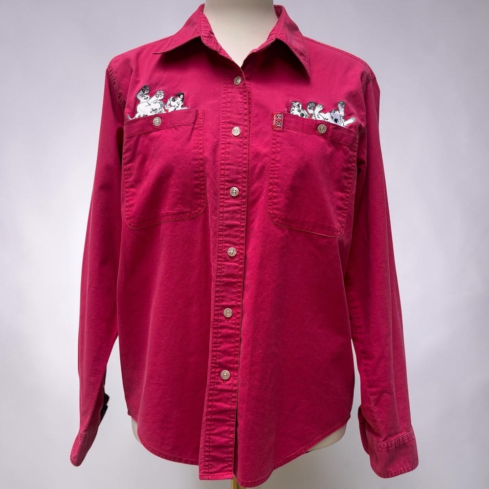 VTG Disney 101 Dalmatians Shirt Med Pink Cotton Embroidered Button Up Kidcore